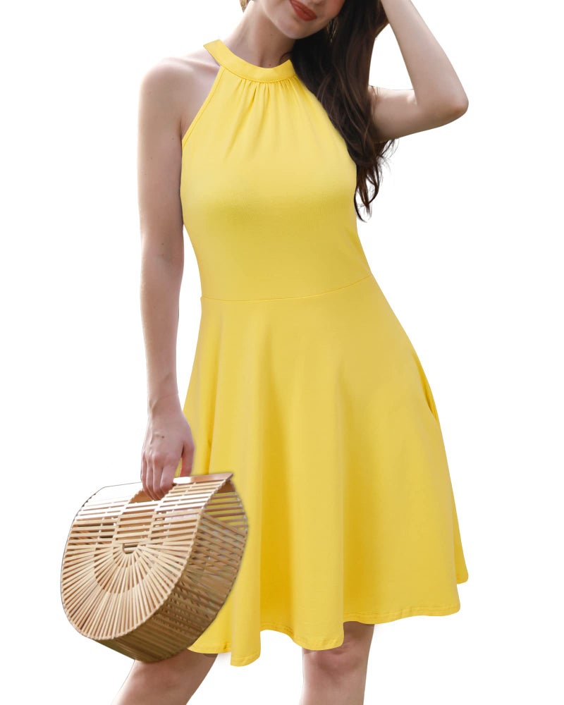 OUGES Women's 2026 Summer Fashion Yellow Halter Neck Sleeveless Tie Back Swing A-Line Sundress Beach Vacation Mini Dress(Yellow,L) - Image 4
